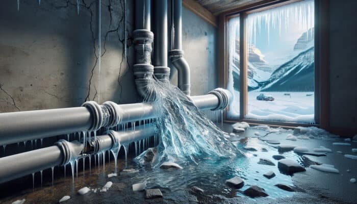 Close-up of cracked Poly B pipes made from polyethylene, leaking water in a 1990s Canadian basement during Whistler's snowy winter.