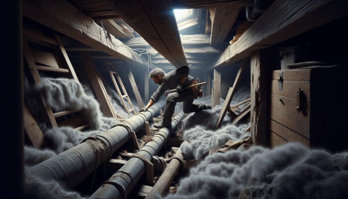 A plumber in a dimly lit basement crawl space replaces corroded Poly B pipes, carefully avoiding damage to wooden beams and insulation.