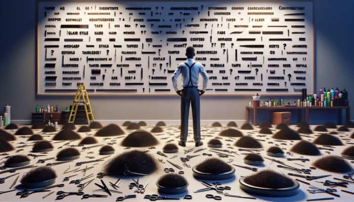 A novice barber, confused by hair clippings, struggles to differentiate 'taper' and 'fade' haircuts amidst overwhelming barber terms.