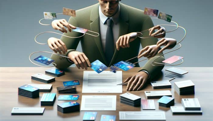 Debt Consolidation and Financial Risk Factors: Person in UK consolidating multiple debts into one manageable loan, symbolized by a single document on a tidy desk.