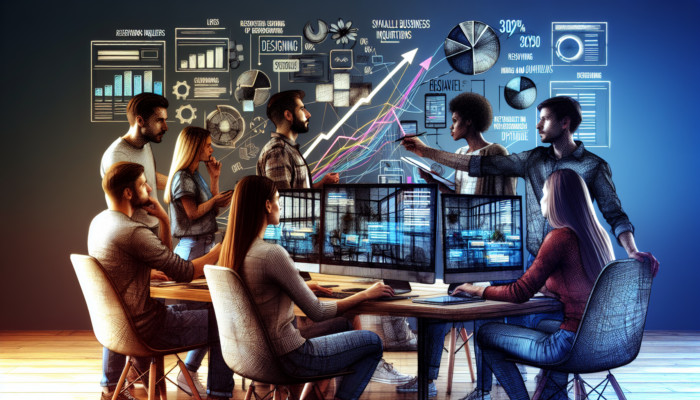 Collaborative team of web designers in a modern Poole office working on a restaurant website redesign, examining screens and a growth graph.