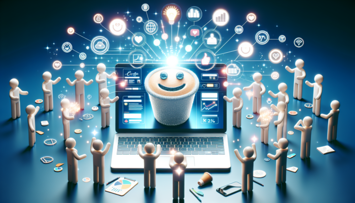 Contemporary website for a Poole coffee shop displayed on a laptop, featuring interactive menus, engaging blog posts, and happy users sharing on social media.