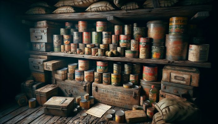 Survival Food List: A rugged survival kit overflowing with canned goods, dehydrated meals, and dried fruits on a weathered wooden shelf in a dimly lit bunker.