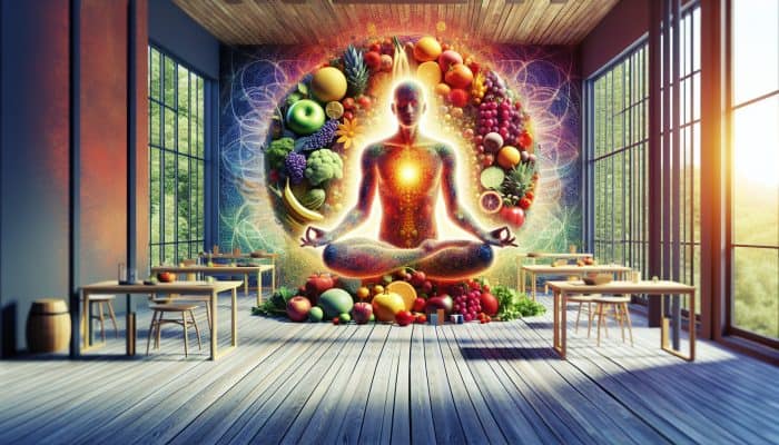 Nutrition for Yoga Practitioners: A yoga practitioner in a sunlit studio with fruits, vegetables, and lush greenery, symbolising holistic wellness.
