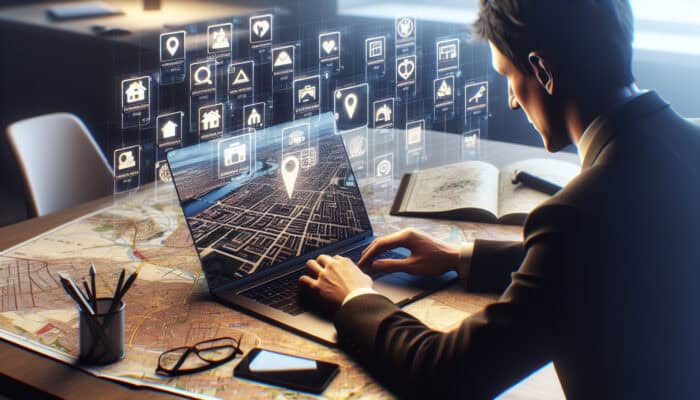 Individual using a laptop to explore UK rental listings, surrounded by maps and notes, showcasing urban and suburban properties.